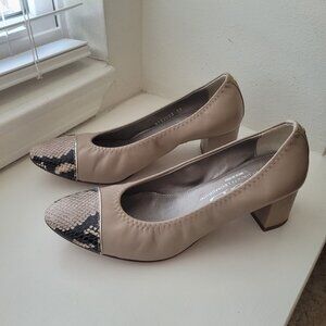 AGL BEIGE LEATHER PUMP W/SNAKESKIN CAP TOE, SIZE 8